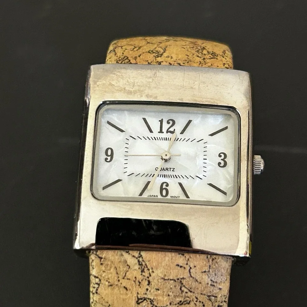 Rectangular Mother-of-Pearl Dial Quartz Cuff Watch Cork Bracelet Japan Movt